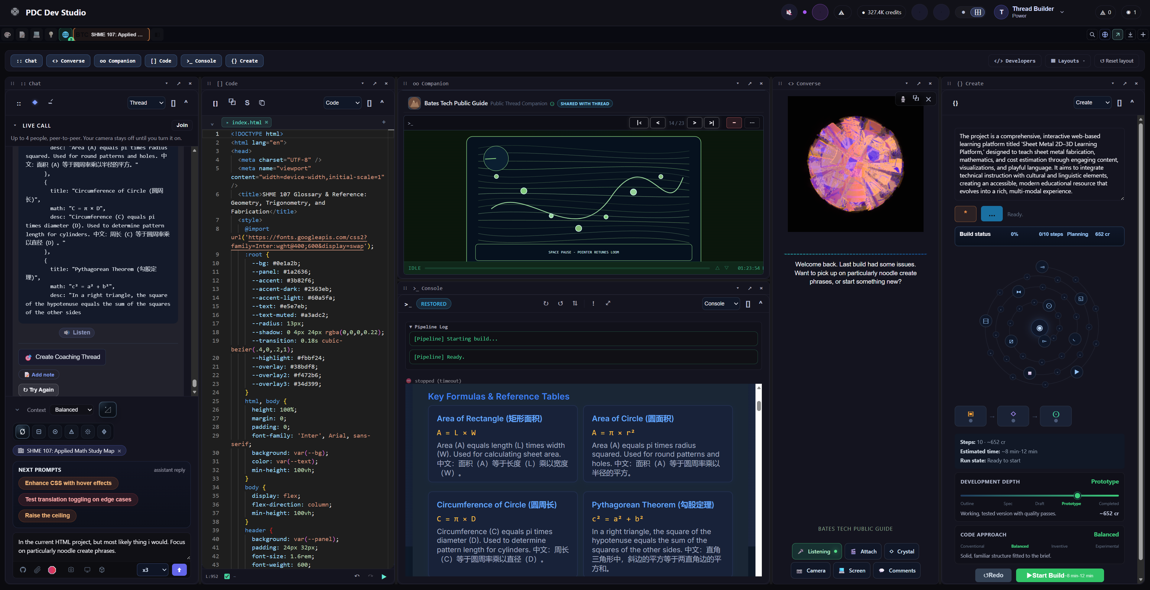 PDC Dev Studio's six-panel workspace — Chat, Code, Companion, Console, Converse, and Create modules open at once during a live course-companion session